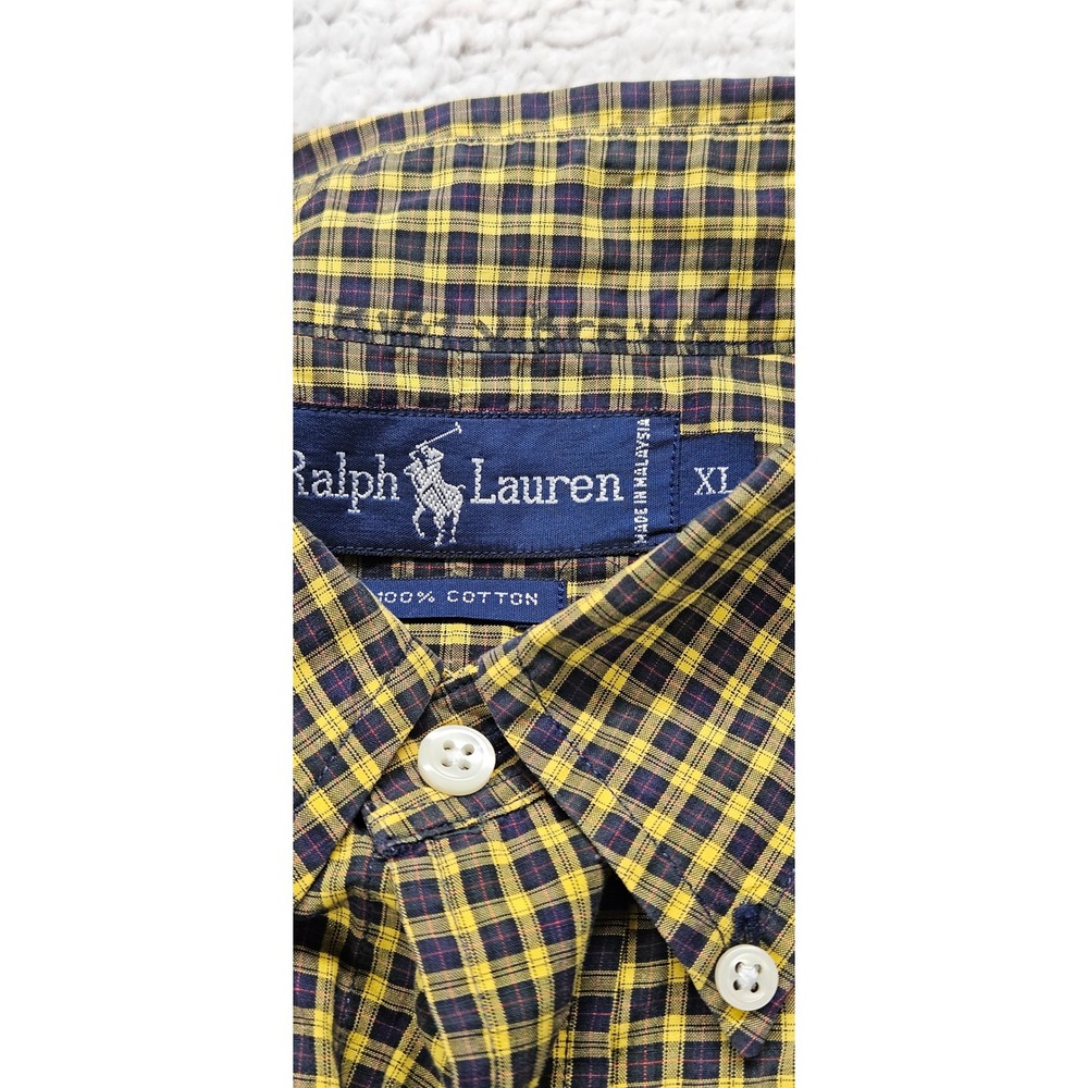 Ralph Lauren Mens XL Yellow Navy Plaid Button Down  Polo Crest Cotton Long‎ Sl - Picture 2 of 8